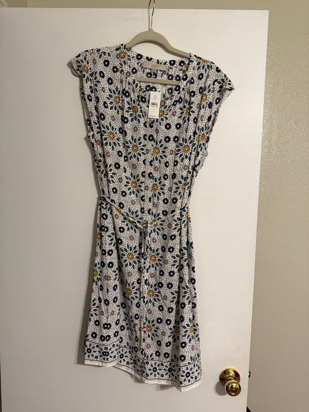 LOFT White Floral Mini Dress with Navy and Yellow Print